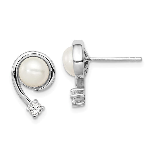 Rhodium-plated Sterling Silver 7-8mm White FWC Pearl CZ Post Earrings