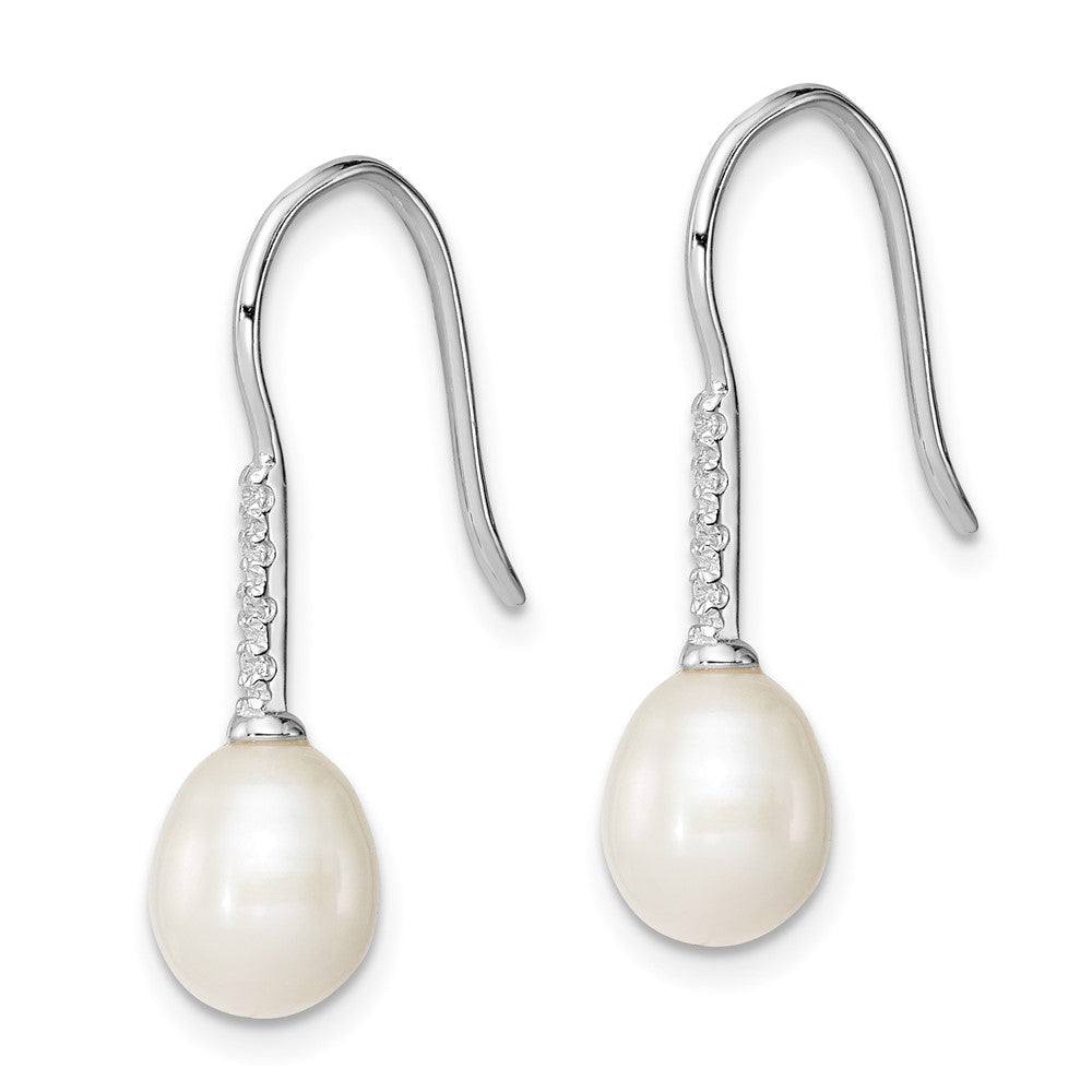 Rhodium-plated Sterling Silver 7-8mm White FWC Pearl CZ Dangle Earrings