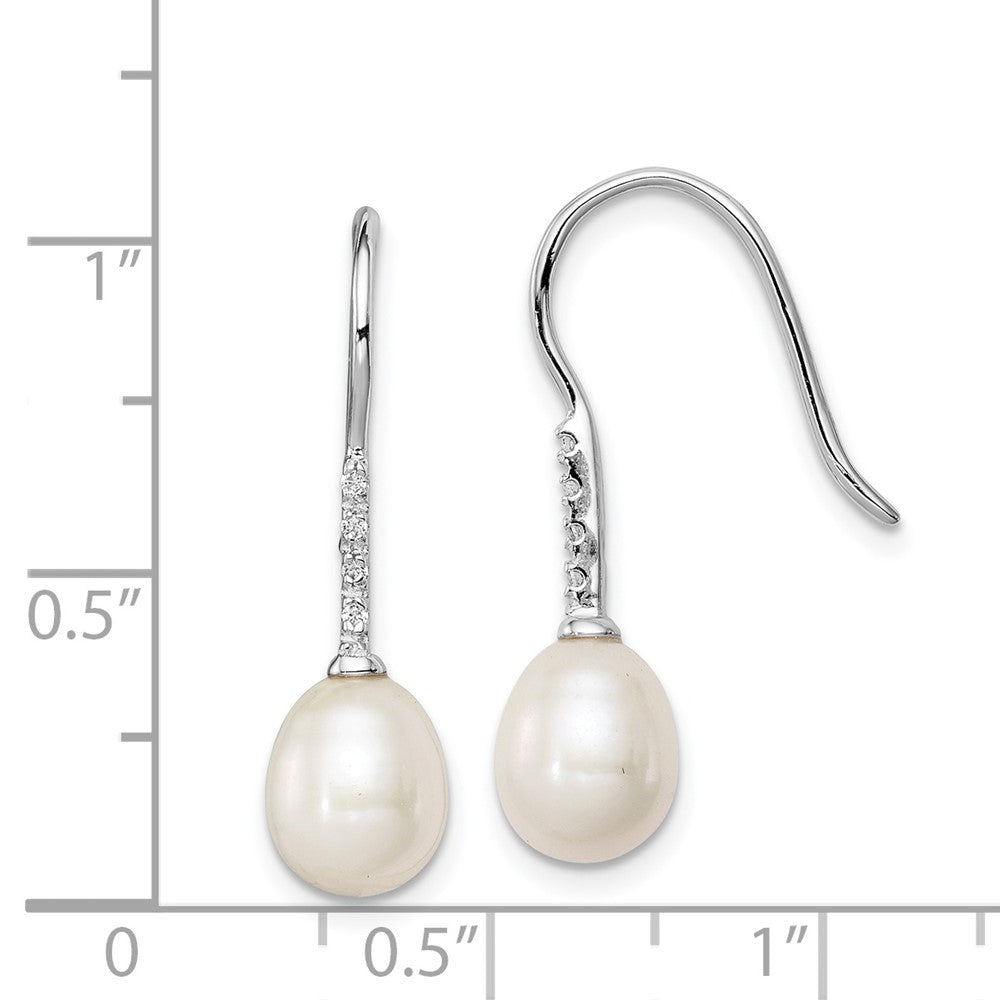 Rhodium-plated Sterling Silver 7-8mm White FWC Pearl CZ Dangle Earrings