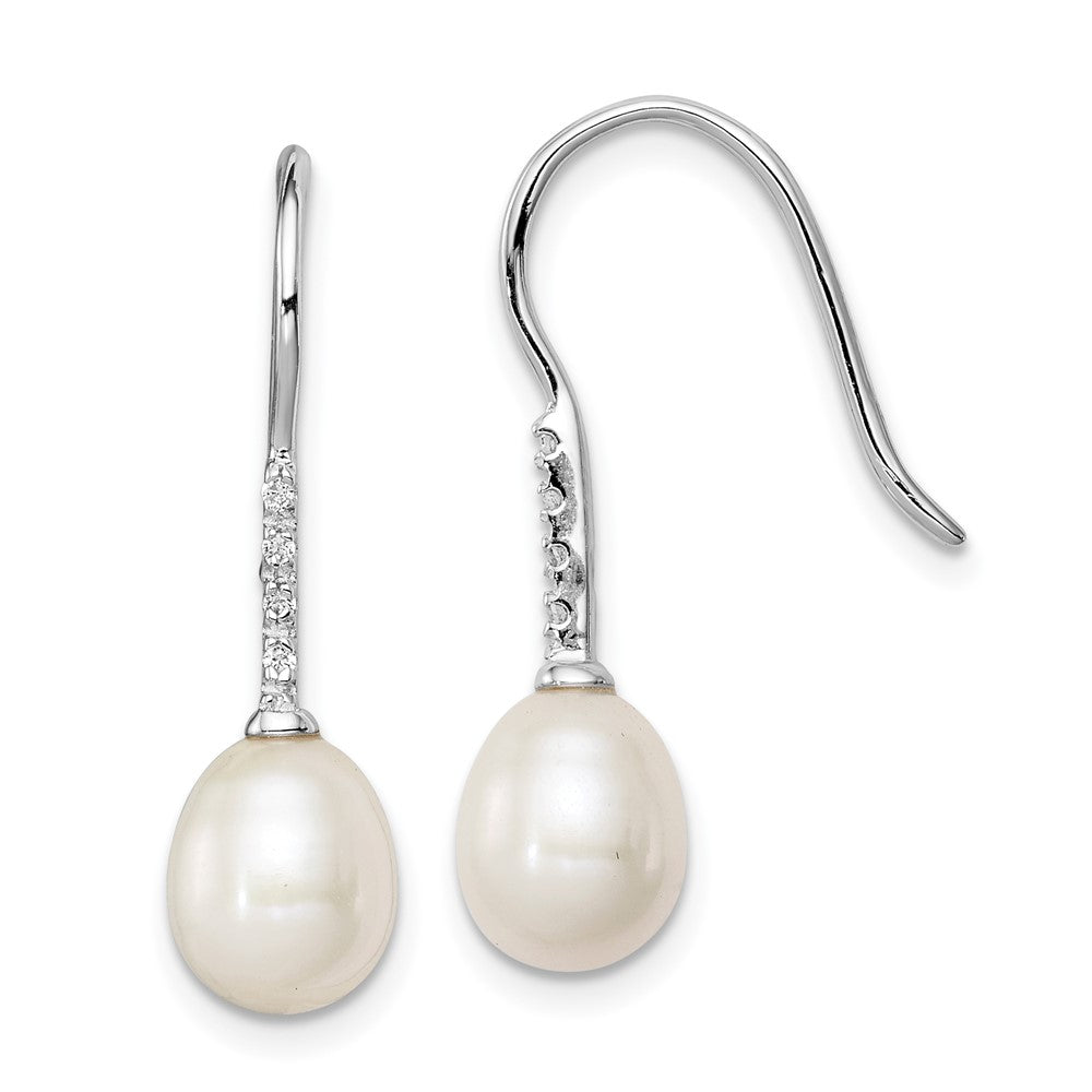 Rhodium-plated Sterling Silver 7-8mm White FWC Pearl CZ Dangle Earrings