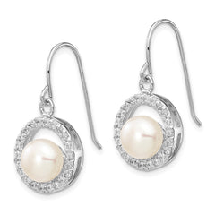 Rhodium-plated Sterling Silver 7-8mm White FWC Pearl CZ Dangle Earrings