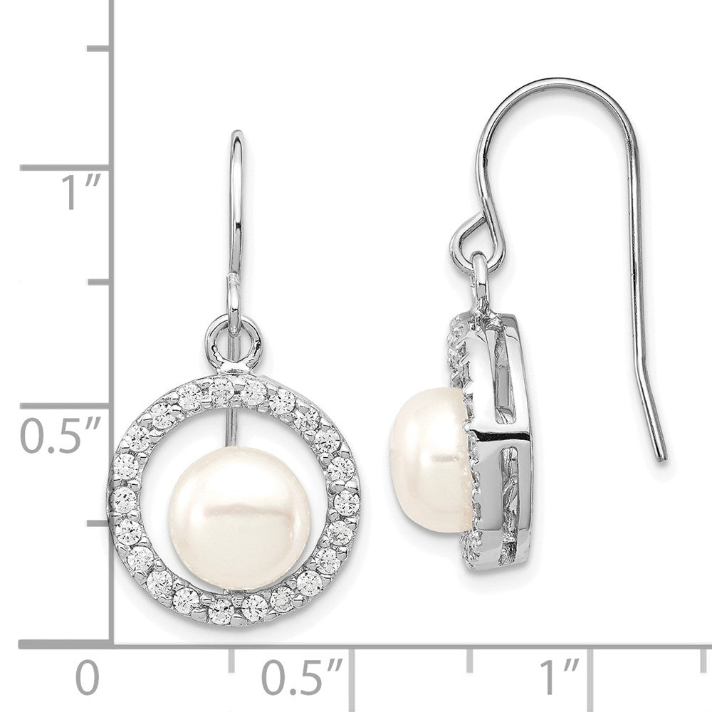 Rhodium-plated Sterling Silver 7-8mm White FWC Pearl CZ Dangle Earrings