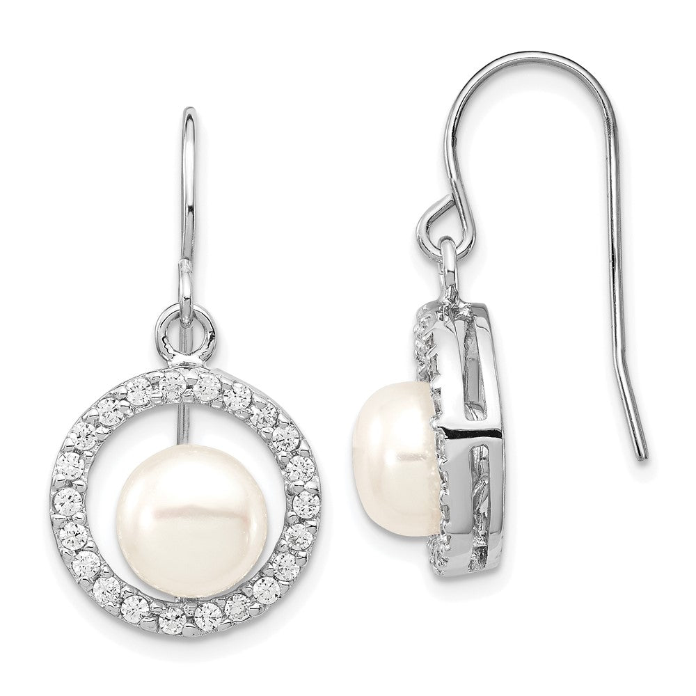 Rhodium-plated Sterling Silver 7-8mm White FWC Pearl CZ Dangle Earrings