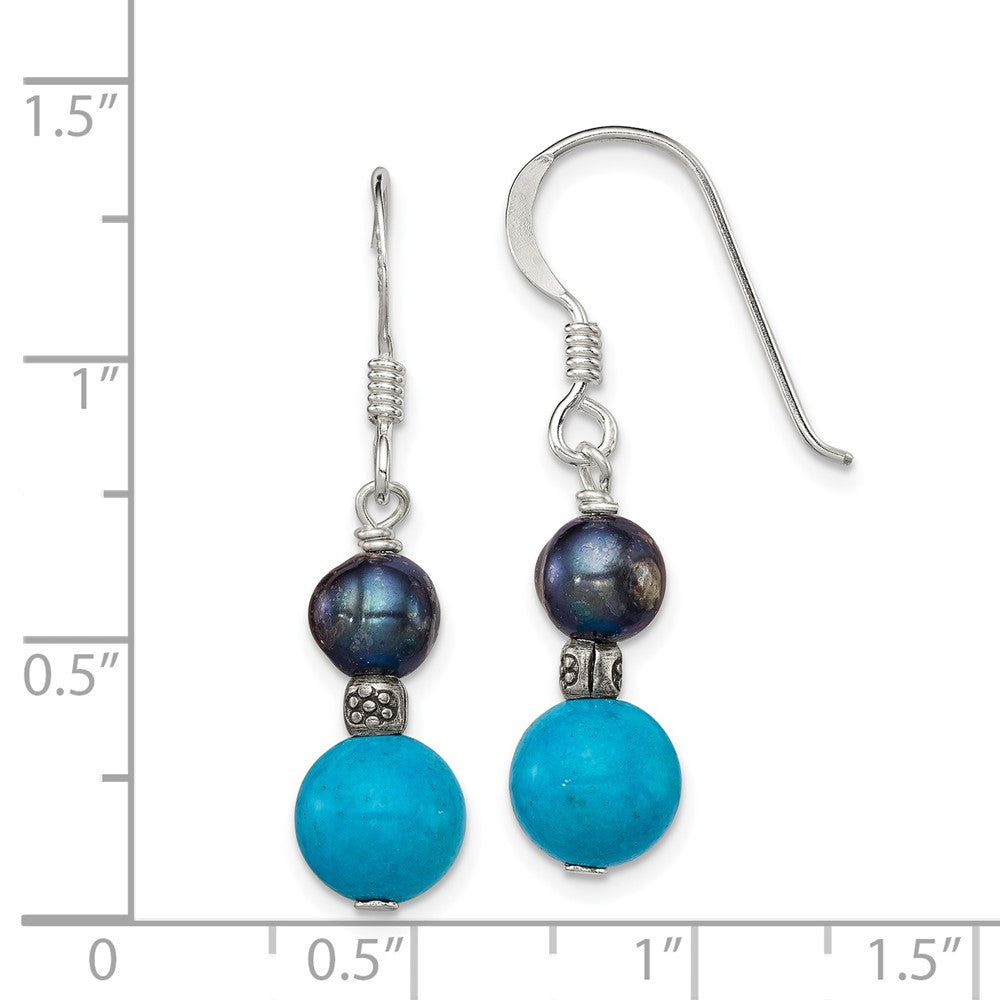 Sterling Silver FWC Black Pearl Turquoise Dangle Earrings