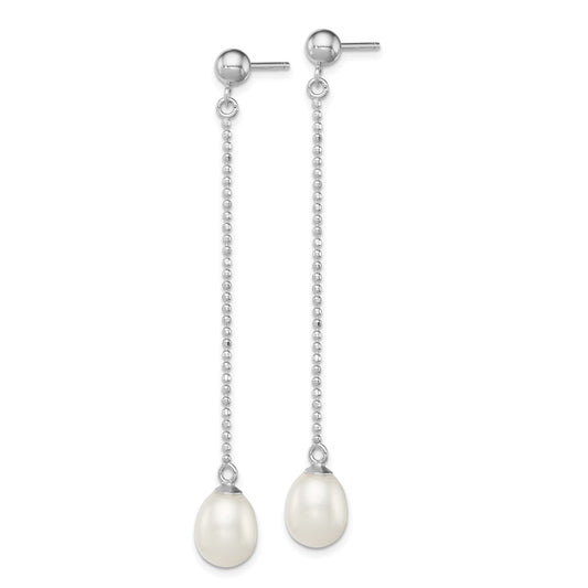 Rhodium-plated Sterling Silver 7-8mm White FWC Pearl Post Dangle Earrings