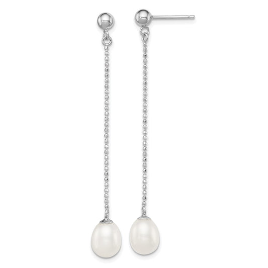 Rhodium-plated Sterling Silver 7-8mm White FWC Pearl Post Dangle Earrings