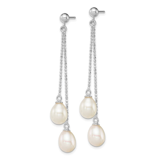 Rhodium-plated Sterling Silver 7-8mm White FWC Pearl Post Dangle Earrings