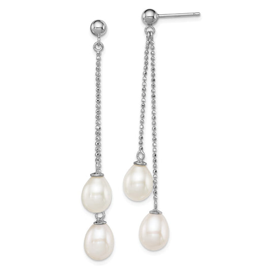 Rhodium-plated Sterling Silver 7-8mm White FWC Pearl Post Dangle Earrings