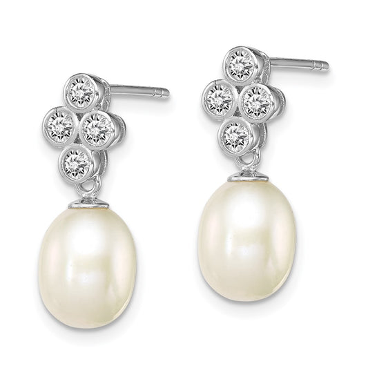 Rhodium-plated Sterling Silver 7-8mm White FWC Pearl CZ Post Dangle Earrings