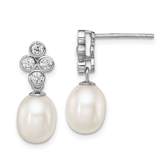 Rhodium-plated Sterling Silver 7-8mm White FWC Pearl CZ Post Dangle Earrings