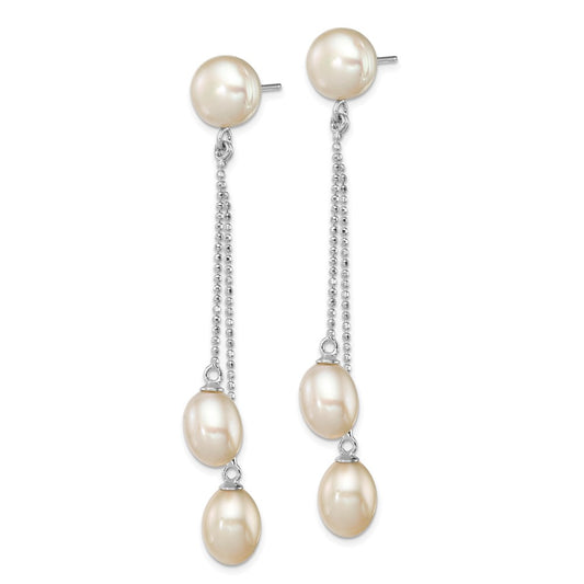 Rhodium-plated Sterling Silver 6-9mm White FWC 3-Pearl Post Dangle Earrings