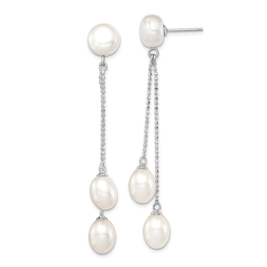 Rhodium-plated Sterling Silver 6-9mm White FWC 3-Pearl Post Dangle Earrings