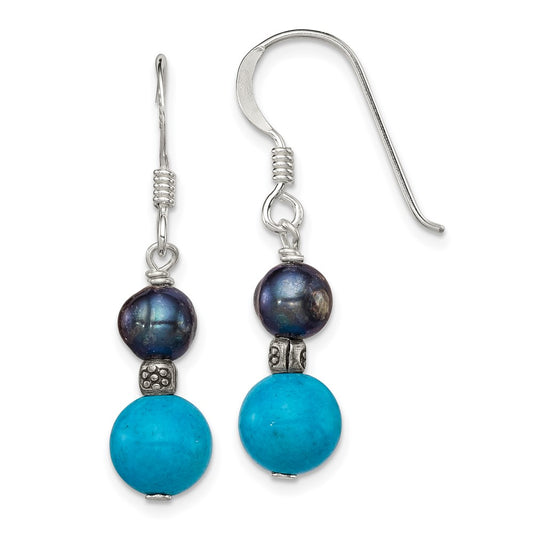 Sterling Silver FWC Black Pearl Turquoise Dangle Earrings