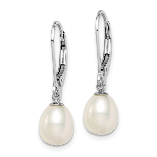 Rhodium-plated Sterling Silver 7-8mm White FWC Pearl Leverback Earrings