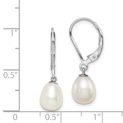 Rhodium-plated Sterling Silver 7-8mm White FWC Pearl Leverback Earrings