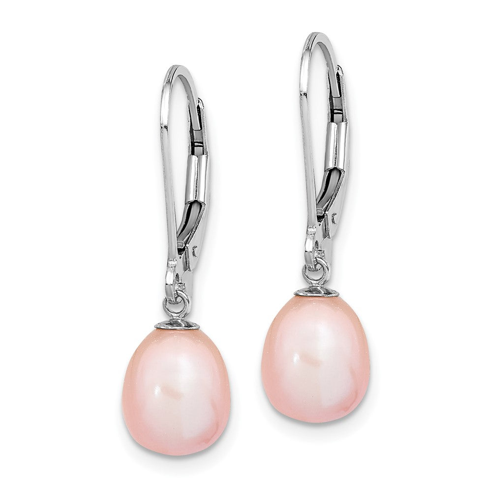 Rhodium-plated Sterling Silver 7-8mm Pink FWC Pearl Leverback Earrings