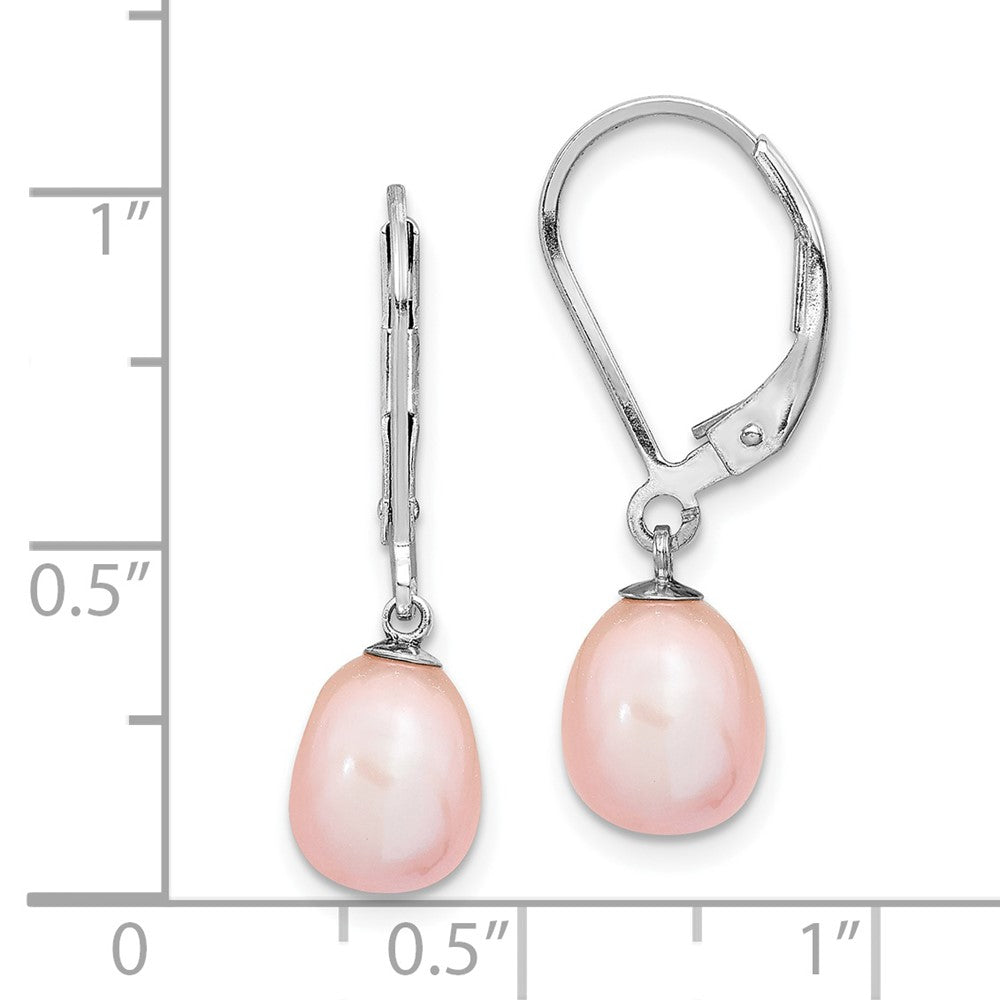 Rhodium-plated Sterling Silver 7-8mm Pink FWC Pearl Leverback Earrings