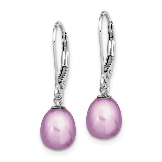 Rhodium-plated Sterling Silver 7-8mm Purple FWC Pearl Leverback Earrings