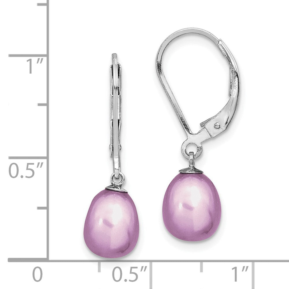 Rhodium-plated Sterling Silver 7-8mm Purple FWC Pearl Leverback Earrings