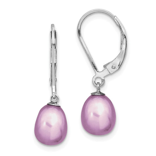 Rhodium-plated Sterling Silver 7-8mm Purple FWC Pearl Leverback Earrings