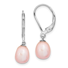 Rhodium-plated Sterling Silver 7-8mm Pink FWC Pearl Leverback Earrings