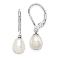 Rhodium-plated Sterling Silver 7-8mm White FWC Pearl Leverback Earrings