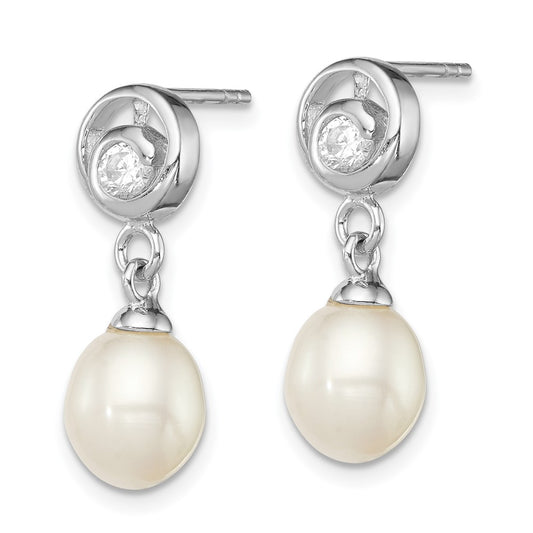 Rhodium-plated Sterling Silver 7-8mm White FWC Pearl CZ Post Dangle Earrings