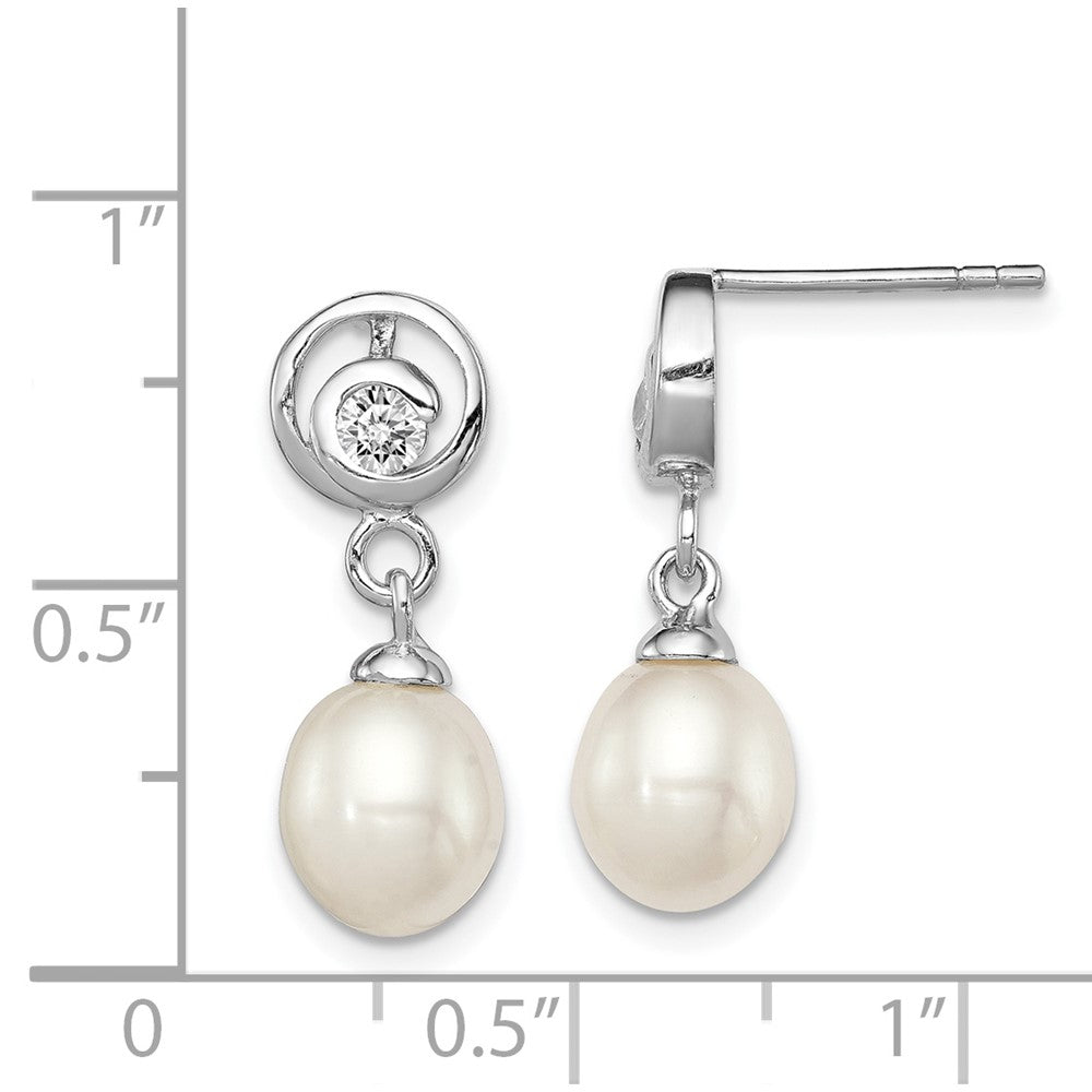 Rhodium-plated Sterling Silver 7-8mm White FWC Pearl CZ Post Dangle Earrings