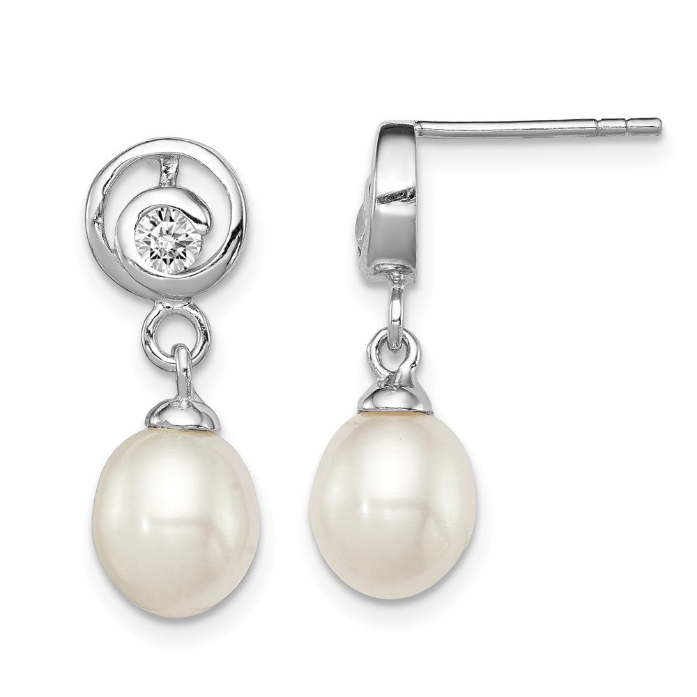 Rhodium-plated Sterling Silver 7-8mm White FWC Pearl CZ Post Dangle Earrings