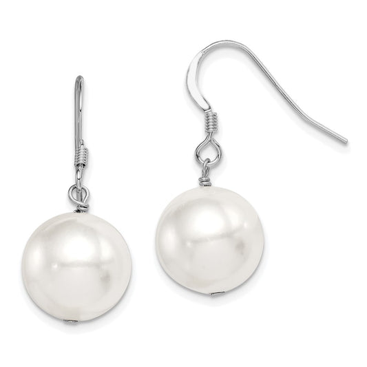 Rhodium-plated Sterling Silver 12-13mm White Shell Bead Dangle Earrings