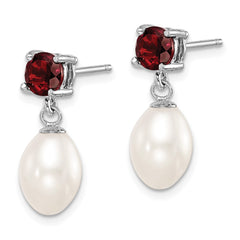 Rhodium-plated Sterling Silver Garnet 7-8mm FWC Pearl Teardrop Earrings