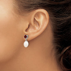 Rhodium-plated Sterling Silver Garnet 7-8mm FWC Pearl Teardrop Earrings