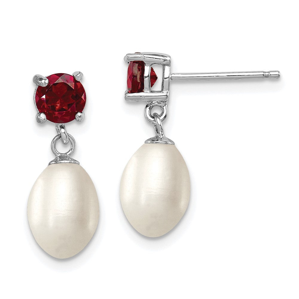 Rhodium-plated Sterling Silver Garnet 7-8mm FWC Pearl Teardrop Earrings