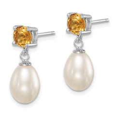 Rhodium-plated Sterling Silver Citrine 7-8mm FWC Pearl Teardrop Earrings