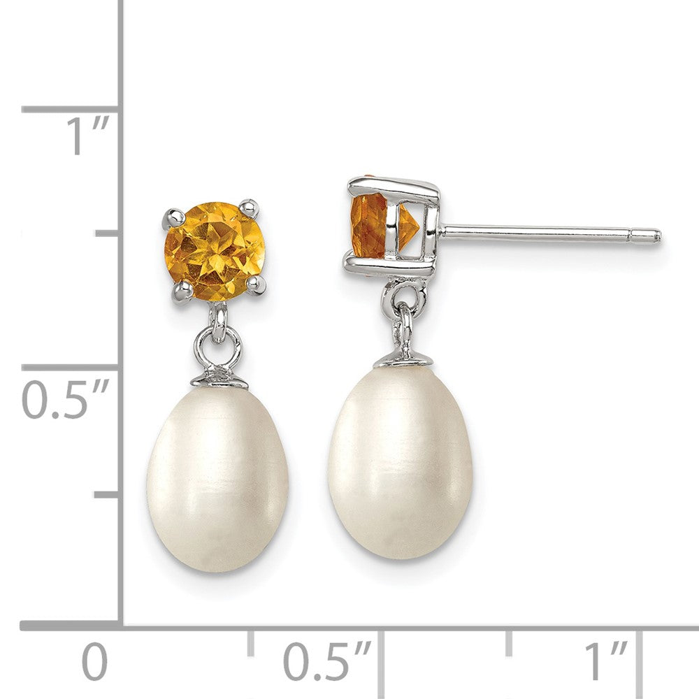 Rhodium-plated Sterling Silver Citrine 7-8mm FWC Pearl Teardrop Earrings