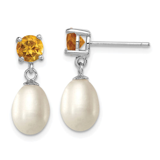 Rhodium-plated Sterling Silver Citrine 7-8mm FWC Pearl Teardrop Earrings