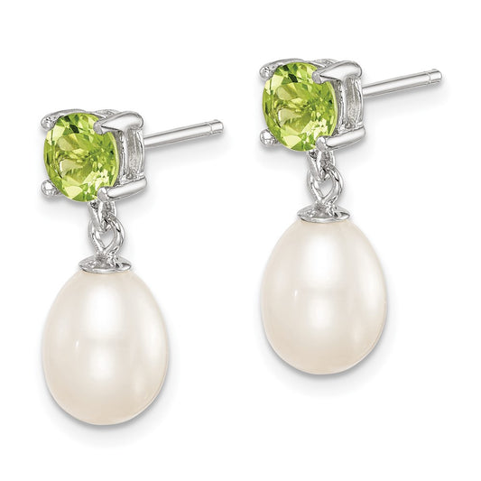 Rhodium-plated Sterling Silver Peridot 7-8mm FWC Pearl Teardrop Earrings