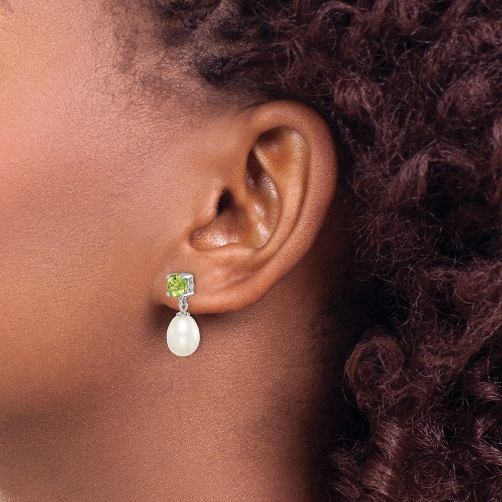 Rhodium-plated Sterling Silver Peridot 7-8mm FWC Pearl Teardrop Earrings