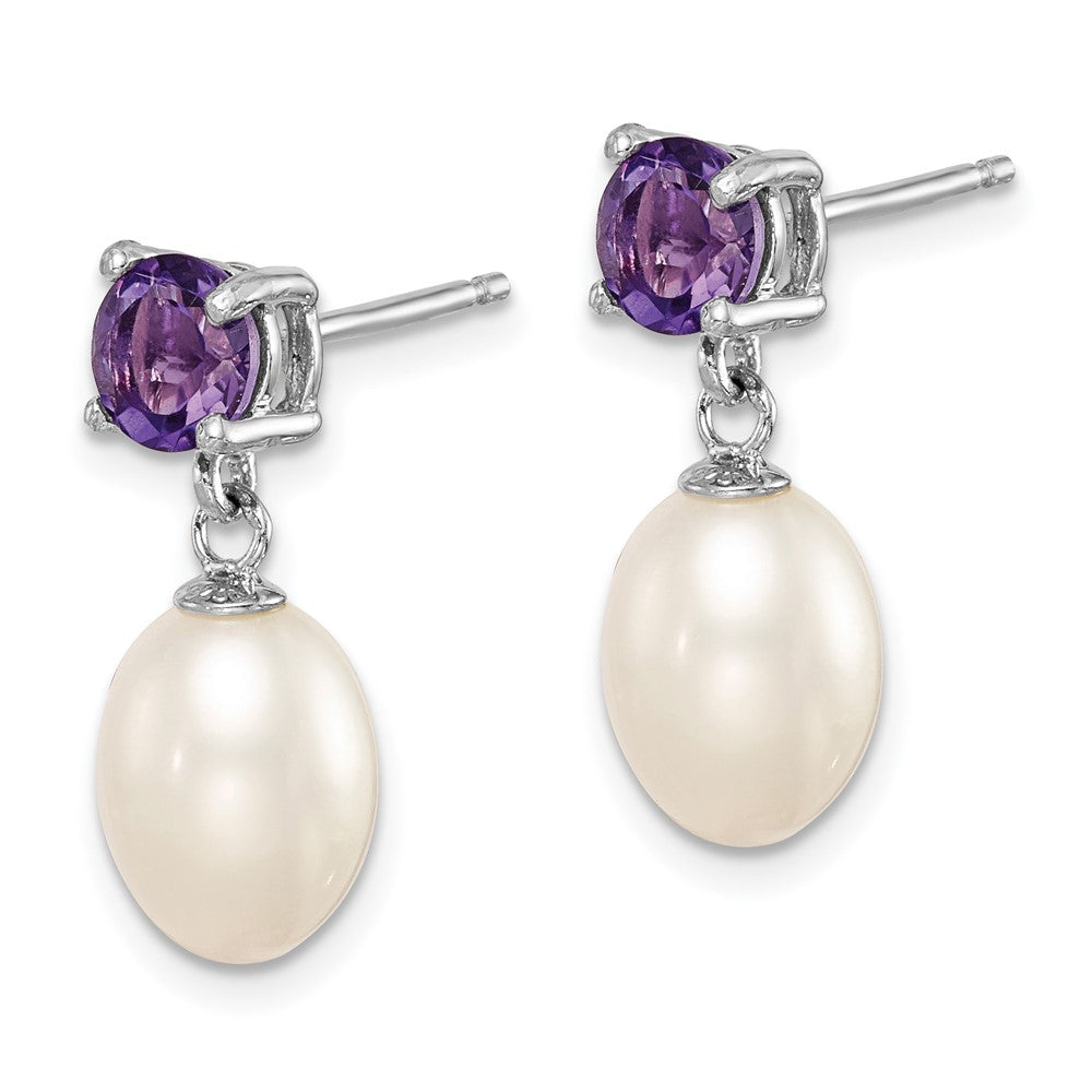 Rhodium-plated Sterling Silver Amethyst 7-8mm FW Cult Pearl Teardrop Earrings