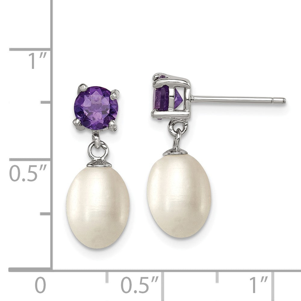 Rhodium-plated Sterling Silver Amethyst 7-8mm FW Cult Pearl Teardrop Earrings