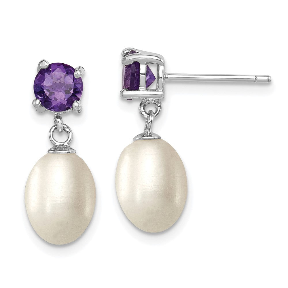 Rhodium-plated Sterling Silver Amethyst 7-8mm FW Cult Pearl Teardrop Earrings