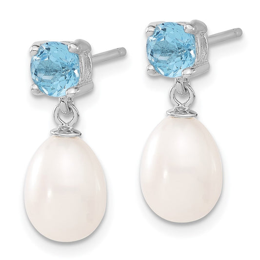 Rhodium-plated Sterling Silver Blue Topaz 7-8mm FW Cult Pearl Teardrop Earrings