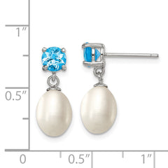 Rhodium-plated Sterling Silver Blue Topaz 7-8mm FW Cult Pearl Teardrop Earrings