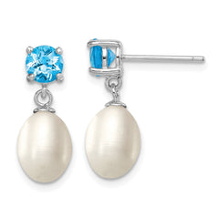 Rhodium-plated Sterling Silver Blue Topaz 7-8mm FW Cult Pearl Teardrop Earrings