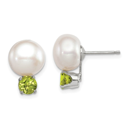 Sterling Silver 10-11mm FWC Button Pearl with Peridot Earrings