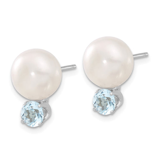 Sterling Silver 10-11mm FWC Button Pearl with Blue Topaz Earrings