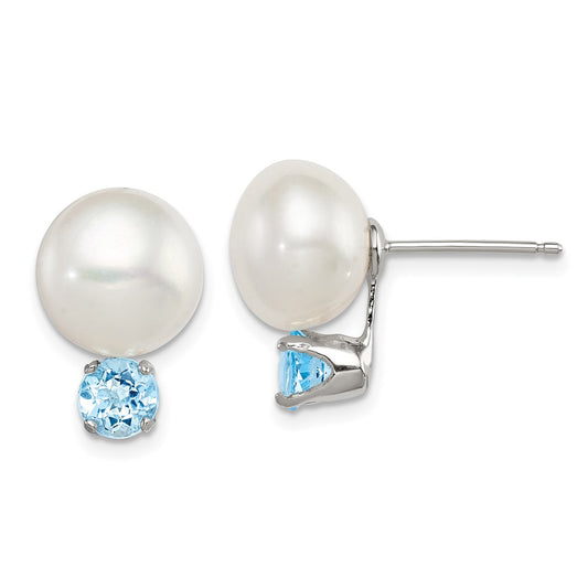 Sterling Silver 10-11mm FWC Button Pearl with Blue Topaz Earrings