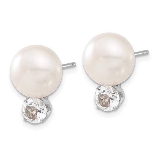 Sterling Silver 10-11mm FWC Button Pearl with White Topaz Earrings