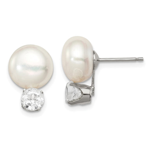 Sterling Silver 10-11mm FWC Button Pearl with White Topaz Earrings