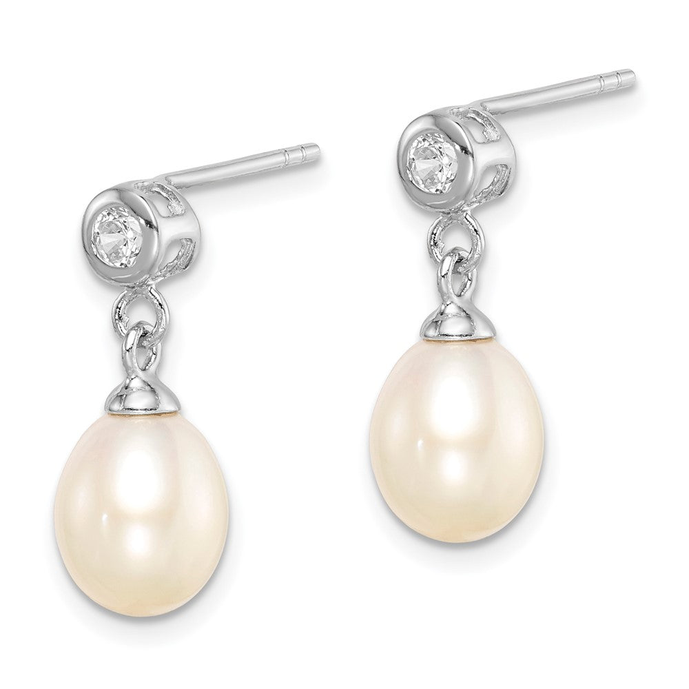 Rhodium-plated Silver 7-8mm White FWC Pearl CZ Dangle Earrings